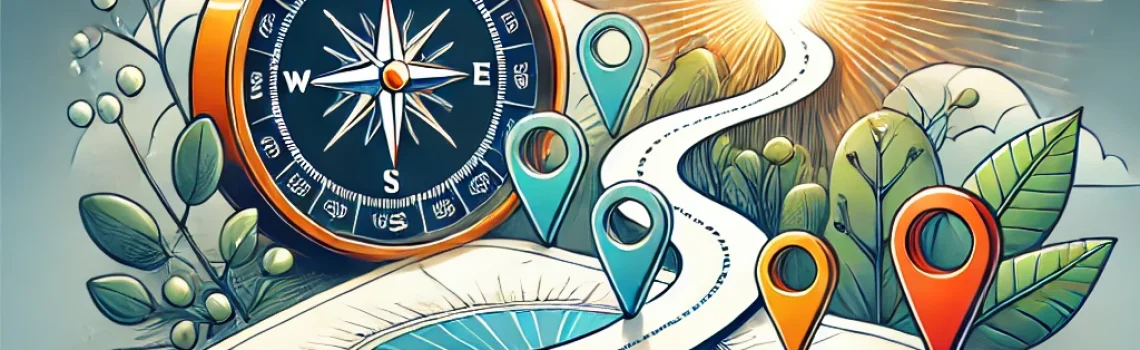 DALL·E 2024-11-29 09.50.28 - A motivational illustration depicting a metaphorical map with a compass, highlighted milestones, and a clear pathway leading to a bright goal. The map